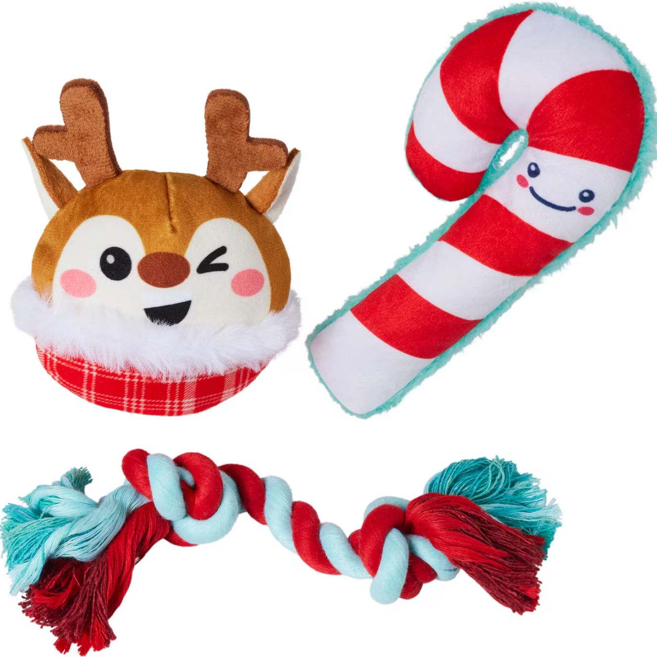 Frisco Holiday Reindeer & Candy Cane Plush & Rope Variety Pack Dog Toy
