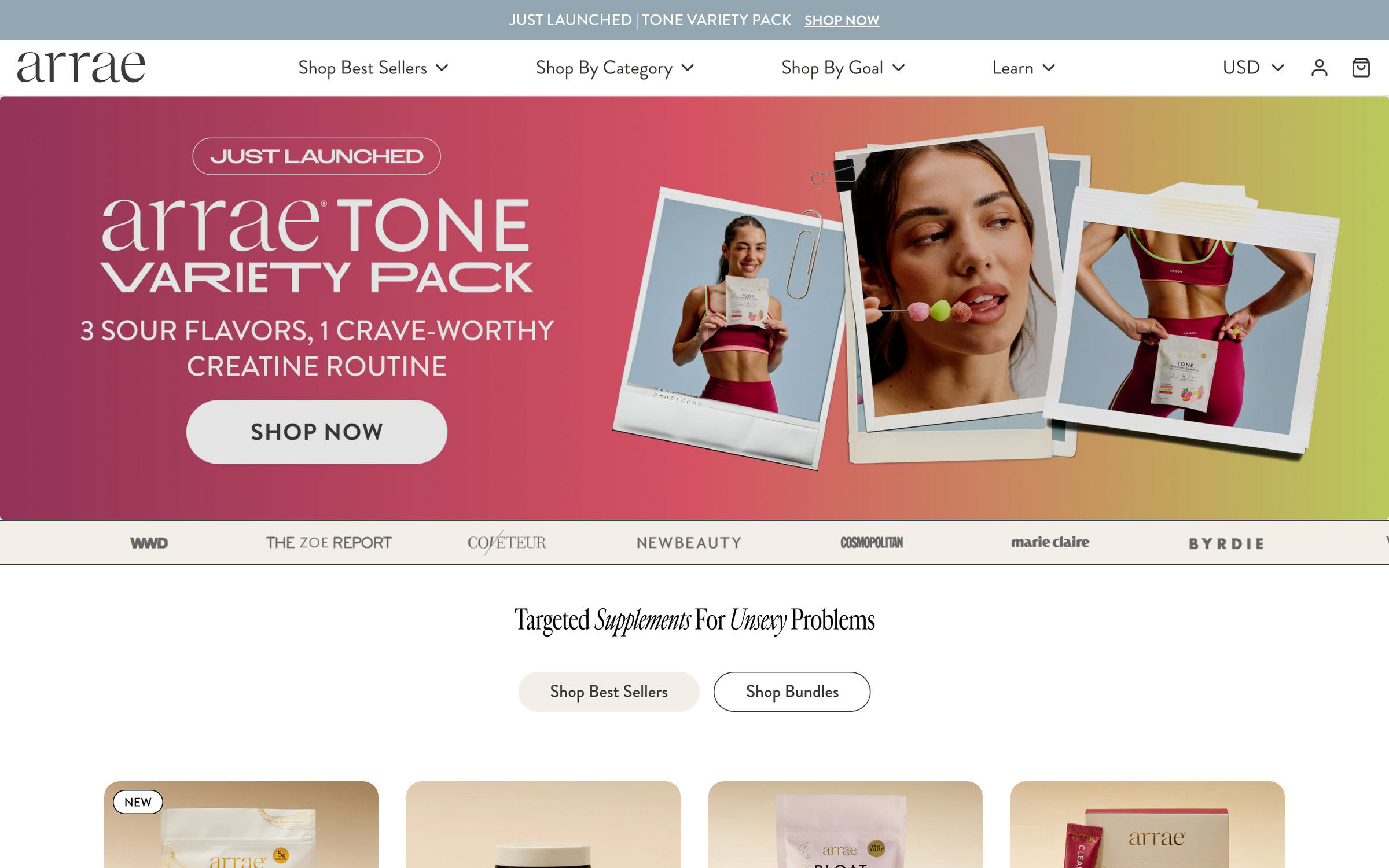 Arrae homepage captured 24 July 2026: the Tone Variety Pack launch owns the hero, a press logo bar sits directly beneath it, and the tagline reads 'Targeted Supplements For Unsexy Problems'