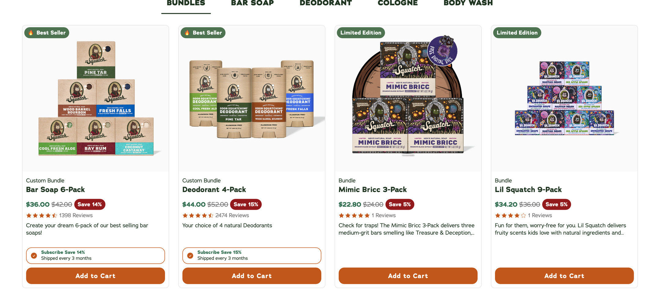 The BUNDLES tab on drsquatch.com: Bar Soap 6-Pack $36 (was $42, save 14%), Deodorant 4-Pack $44 (was $52, save 15%), Mimic Bricc 3-Pack and Lil Squatch 9-Pack — each with a Subscribe & Save row shipped every 3 months
