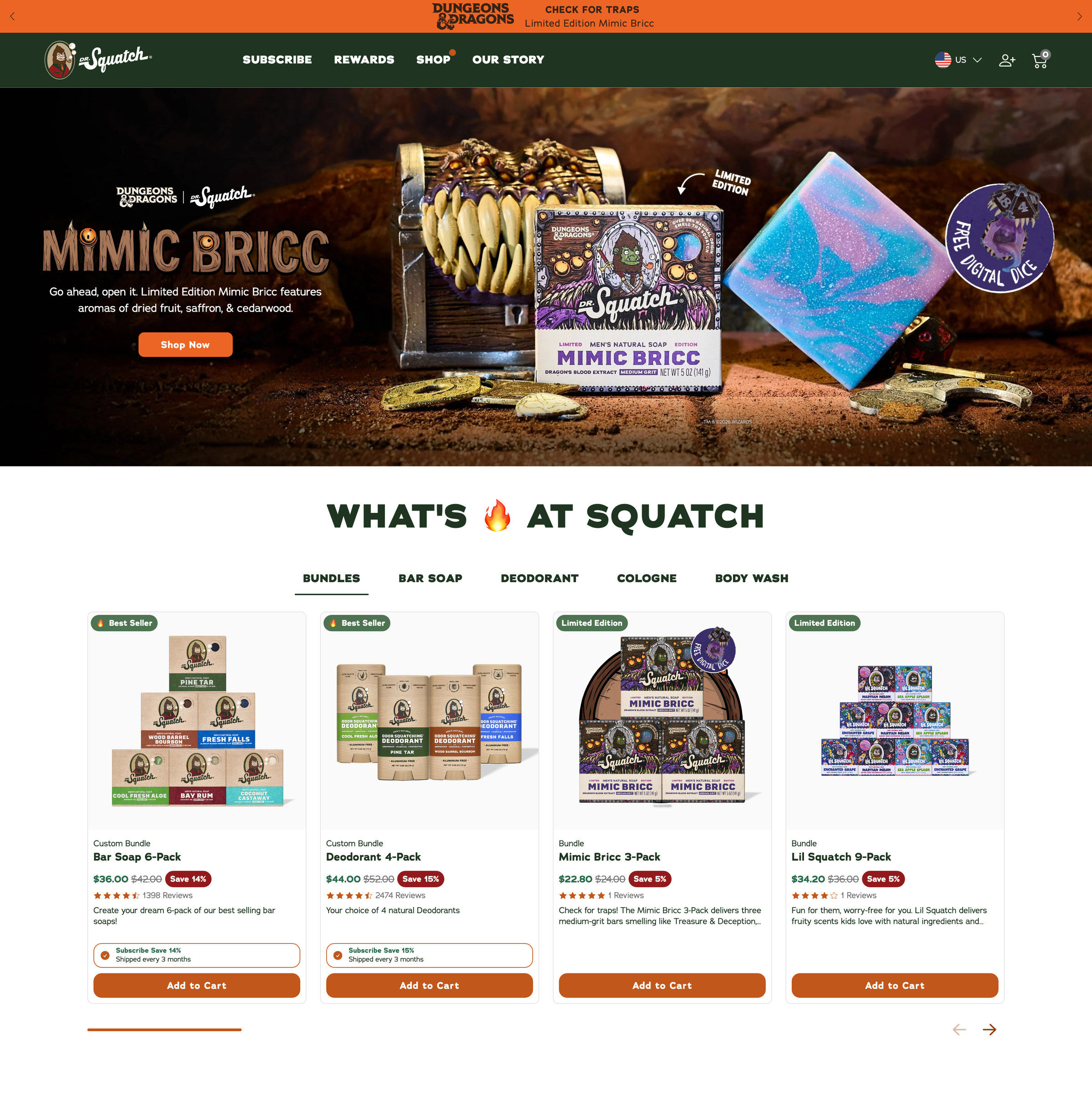 Dr. Squatch homepage: What's hot at Squatch, Bundles tab, Bar Soap 6-Pack and Deodorant 4-Pack with subscribe and save