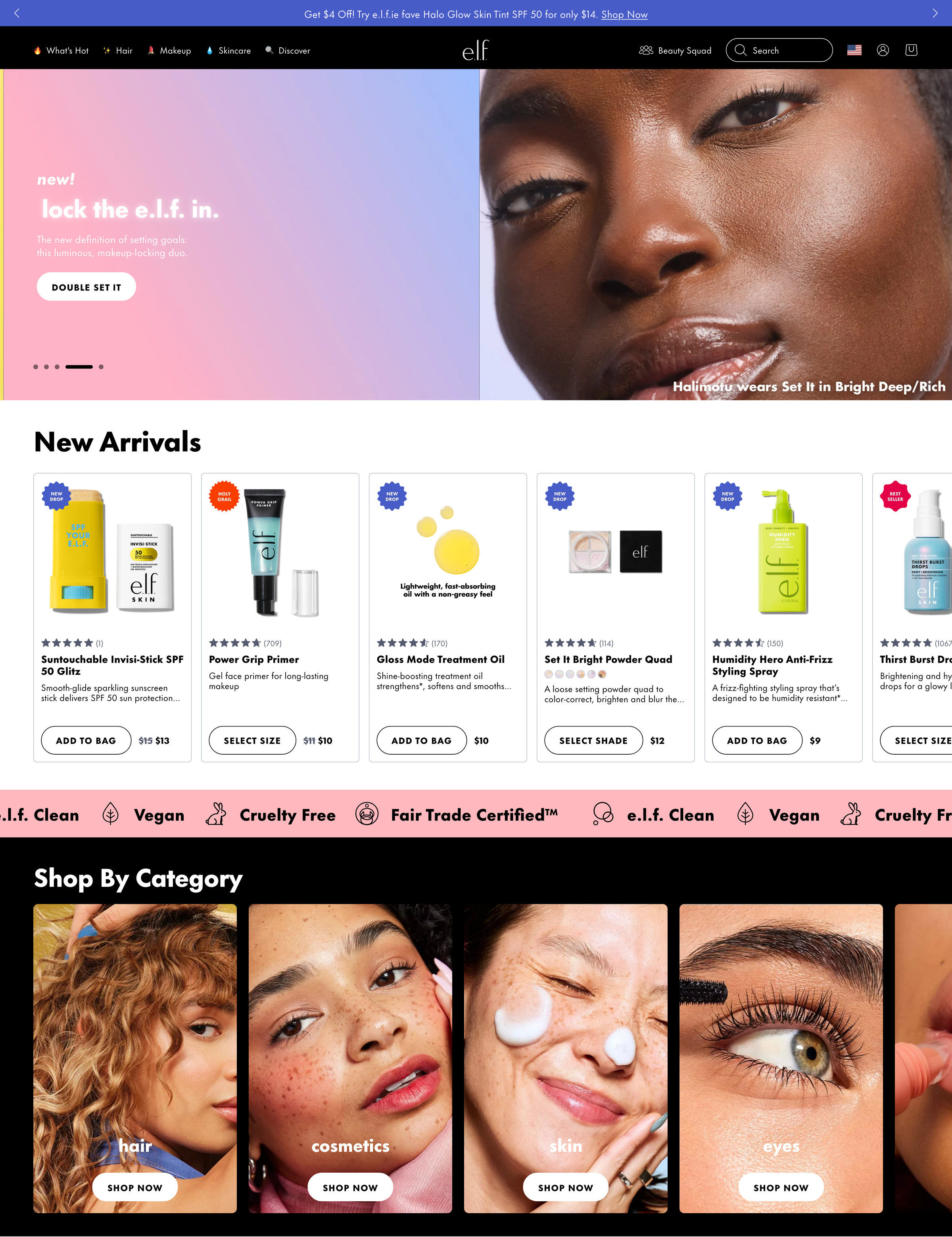 e.l.f. Cosmetics homepage: an emoji-led nav with What's Hot and Beauty Squad, the "lock the e.l.f. in." hero, and the e.l.f. Clean / Vegan / Cruelty Free / Fair Trade Certified values ticker
