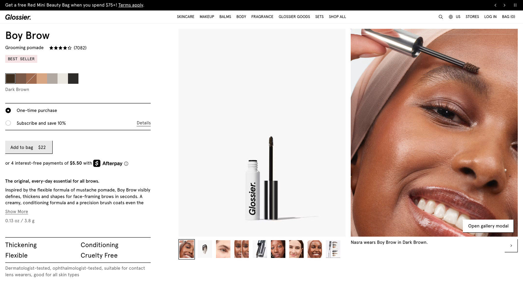 The Glossier Boy Brow product page: the title sits above a four-and-a-half star row with 7,082 reviews and a Best Seller badge, then shade swatches, a one-time-purchase or subscribe choice, and an Add to bag button at $22. A strip of small customer photographs runs under the product gallery.