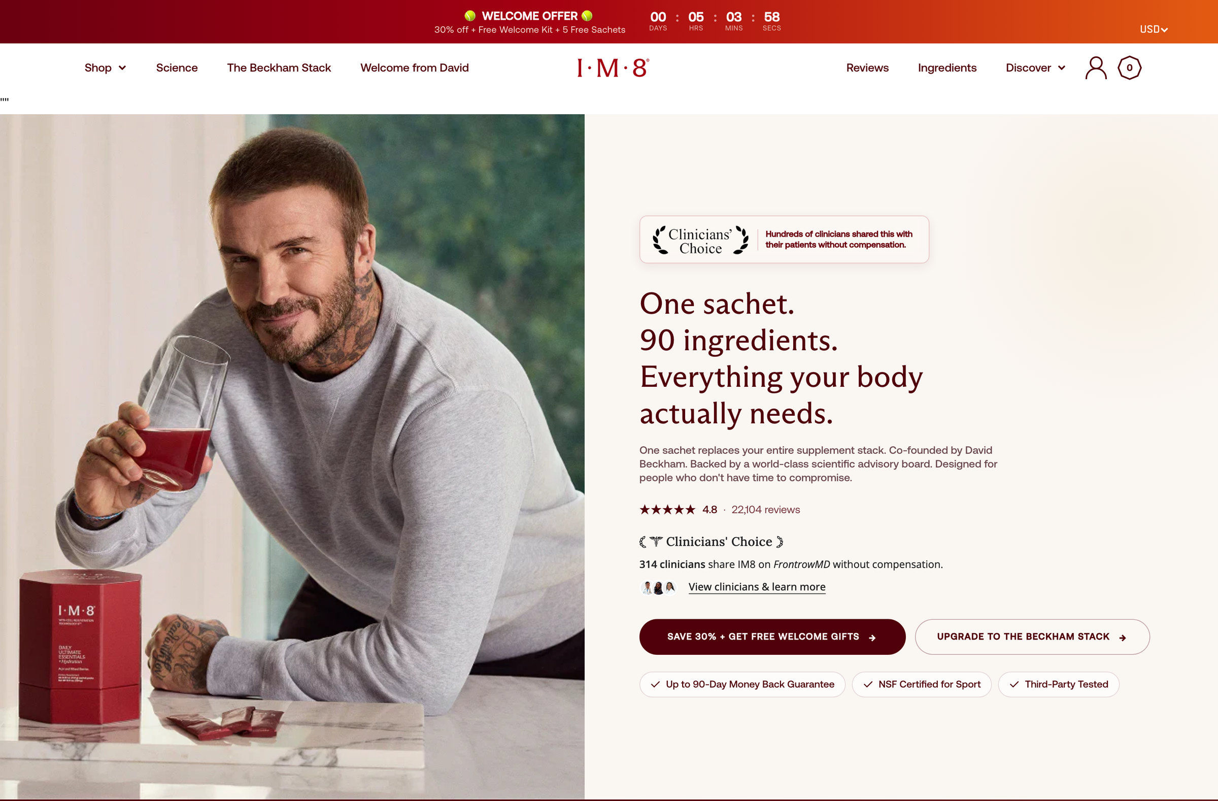 IM8 homepage: David Beckham hero, One sachet 90 ingredients, Clinicians' Choice badge, NSF Certified and third-party tested marks, and 22,104 verified reviews