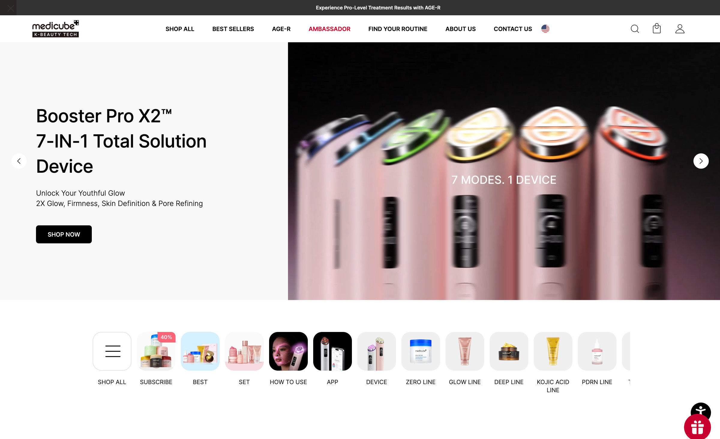 Medicube homepage: Booster Pro X2 7-in-1 Total Solution Device hero, K-Beauty Tech logo, and the ingredient LINE navigation row