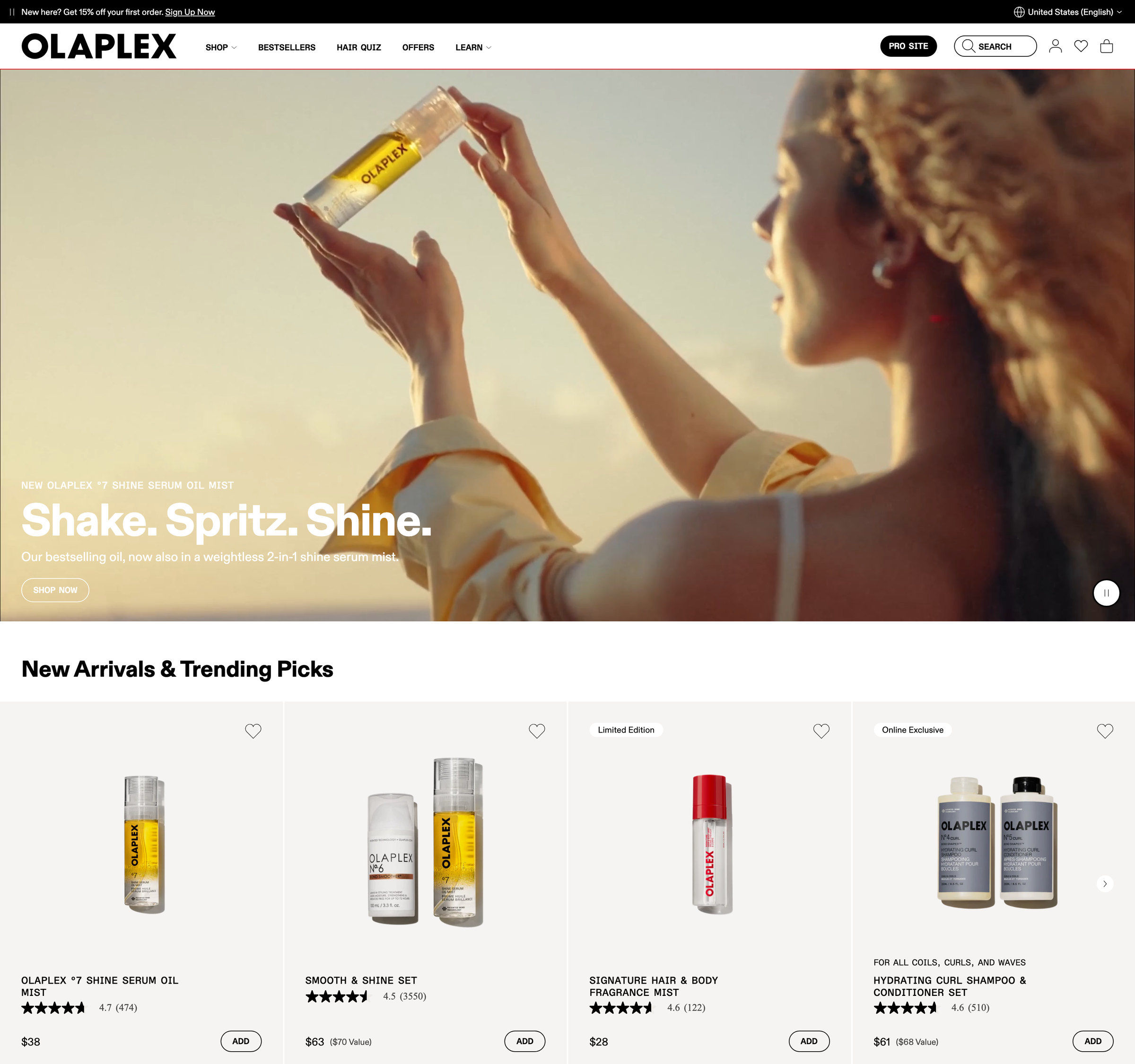 Olaplex homepage: a PRO SITE link and a HAIR QUIZ in the top nav, a Nº7 Shine Serum Oil Mist hero, and a New Arrivals row of numbered products and sets with star ratings