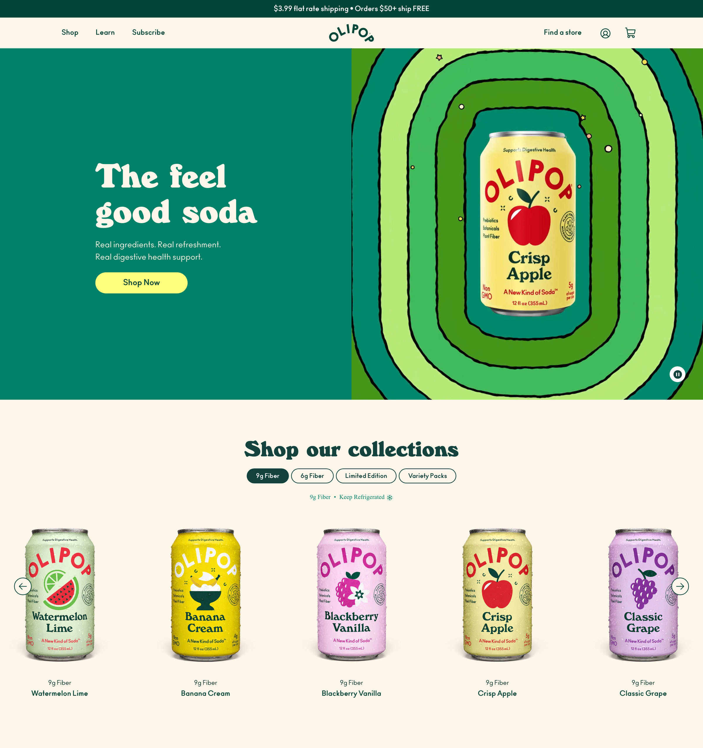 OLIPOP homepage: the "feel good soda" hero, a Find a store link in the nav, and the Shop our collections flavour row
