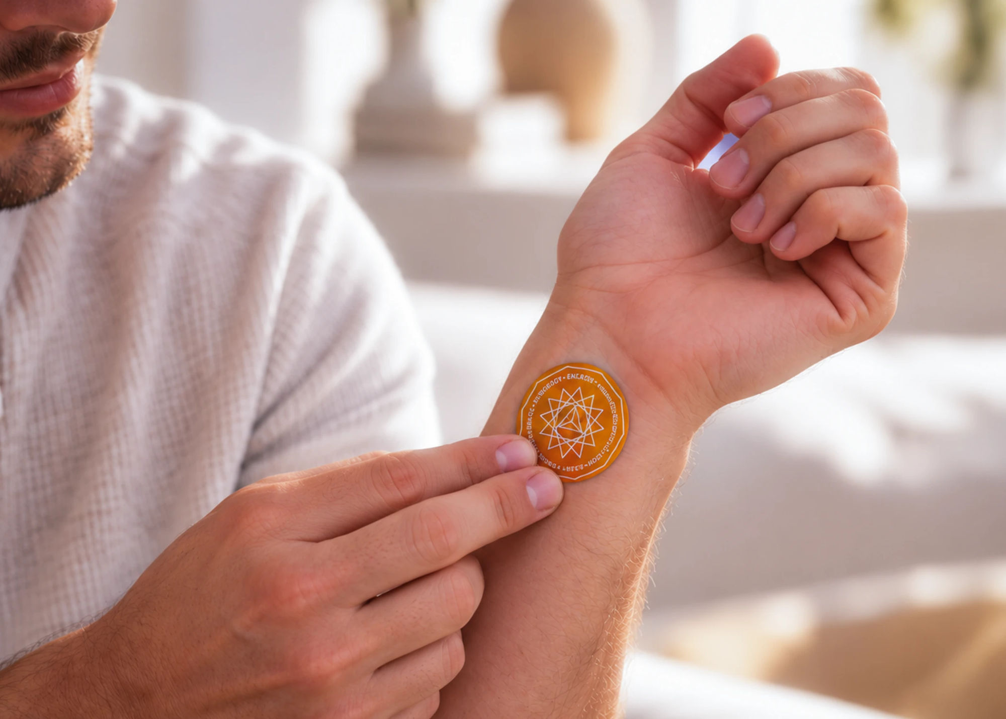 A man pressing an orange QuantaGram onto his inner wrist