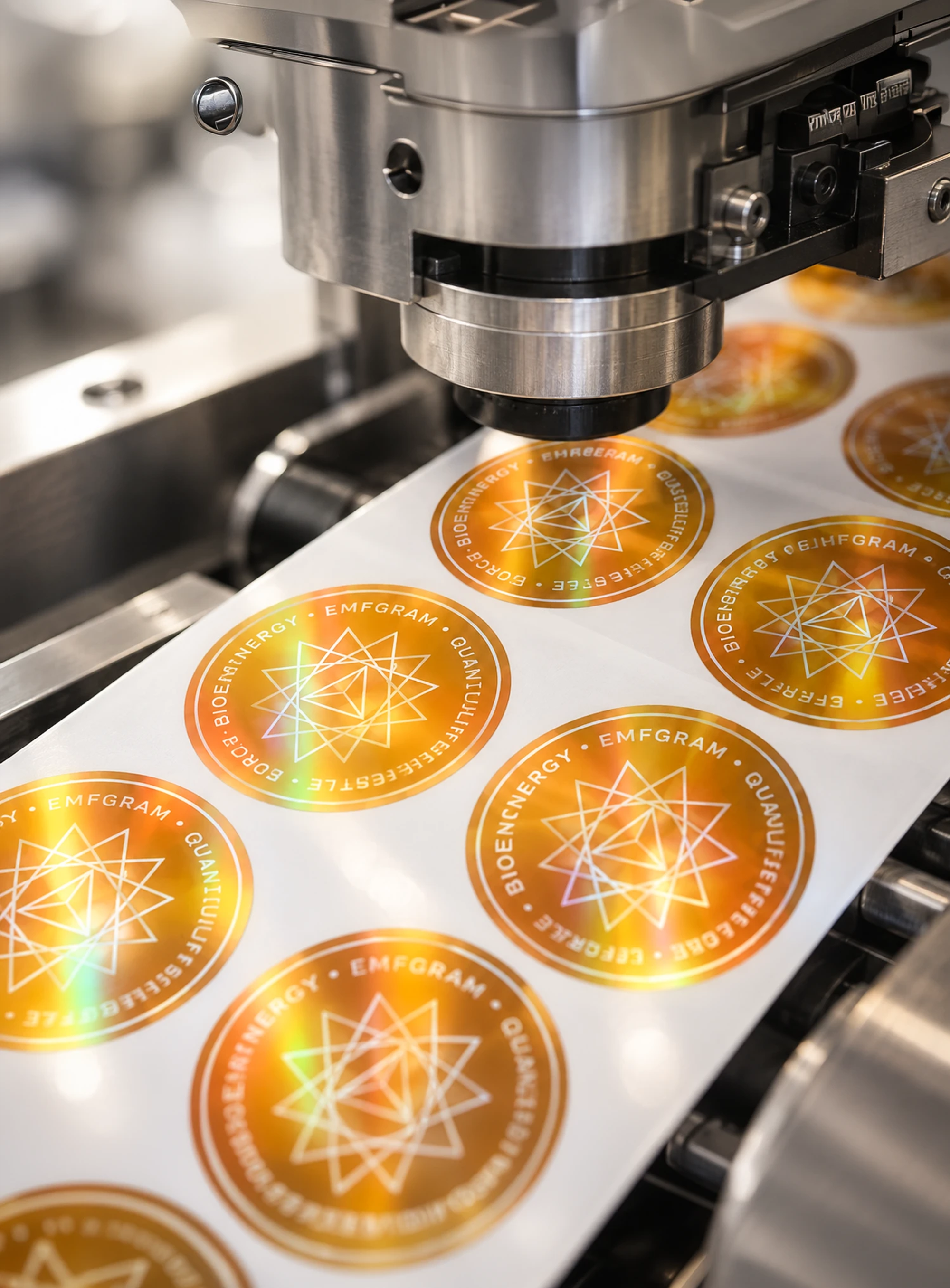 Holographic stickers on a roll beneath a printing press