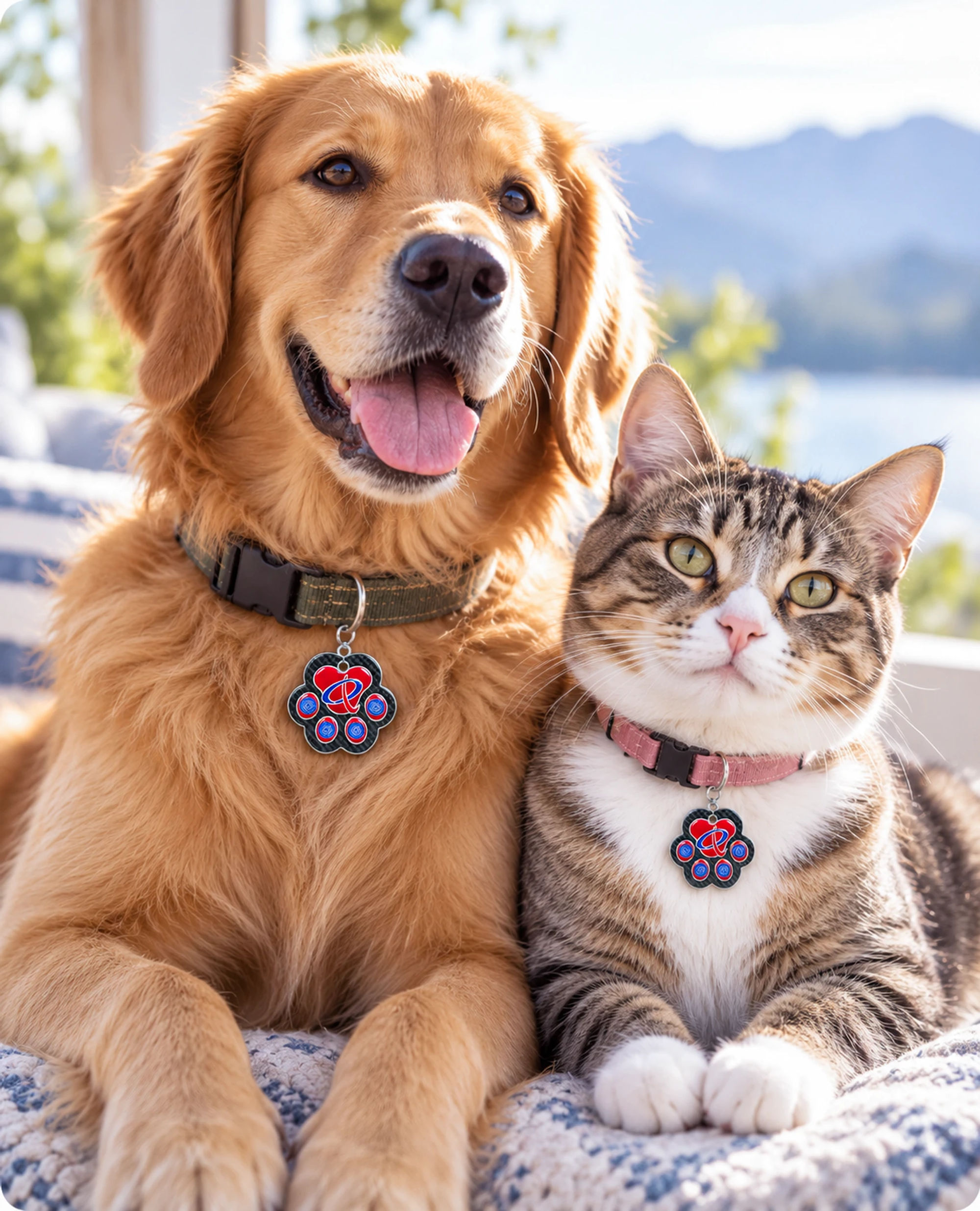 A golden retriever and a tabby cat side by side, each wearing a QuantaPet pendant on its collar