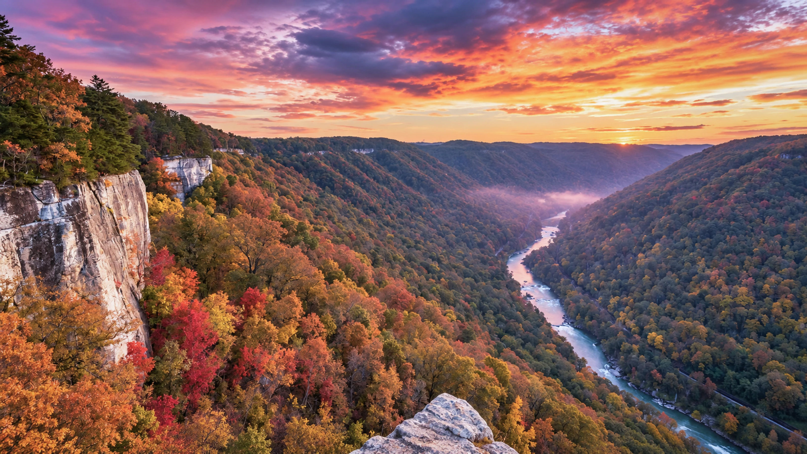 A river gorge in the West Virginia mountains at sunset, with autumn color on the hills