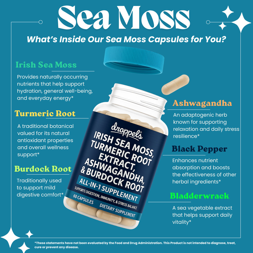 Droppels Irish Sea Moss Capsules - Turmeric, Ashwagandha, and more – Immune, Digestion, Joint Support – 60 Count — Product image 3