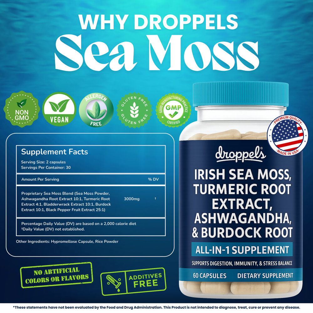 Droppels Irish Sea Moss Capsules - Turmeric, Ashwagandha, and more – Immune, Digestion, Joint Support – 60 Count — Product image 4