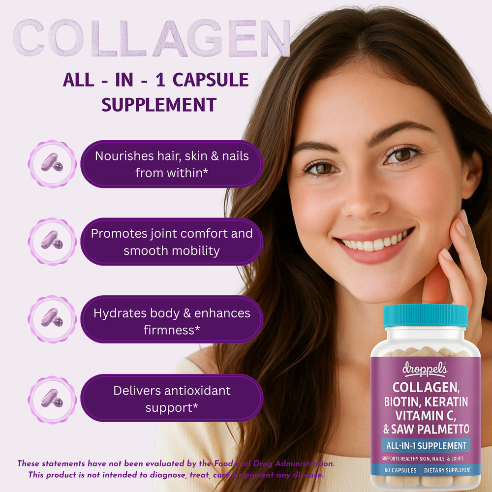 Droppels Collagen Capsules – Advanced Collagen + Biotin + Keratin + Vitamin C | Hair, Skin, Nails & Joint Support – 60 Count — Product image 2