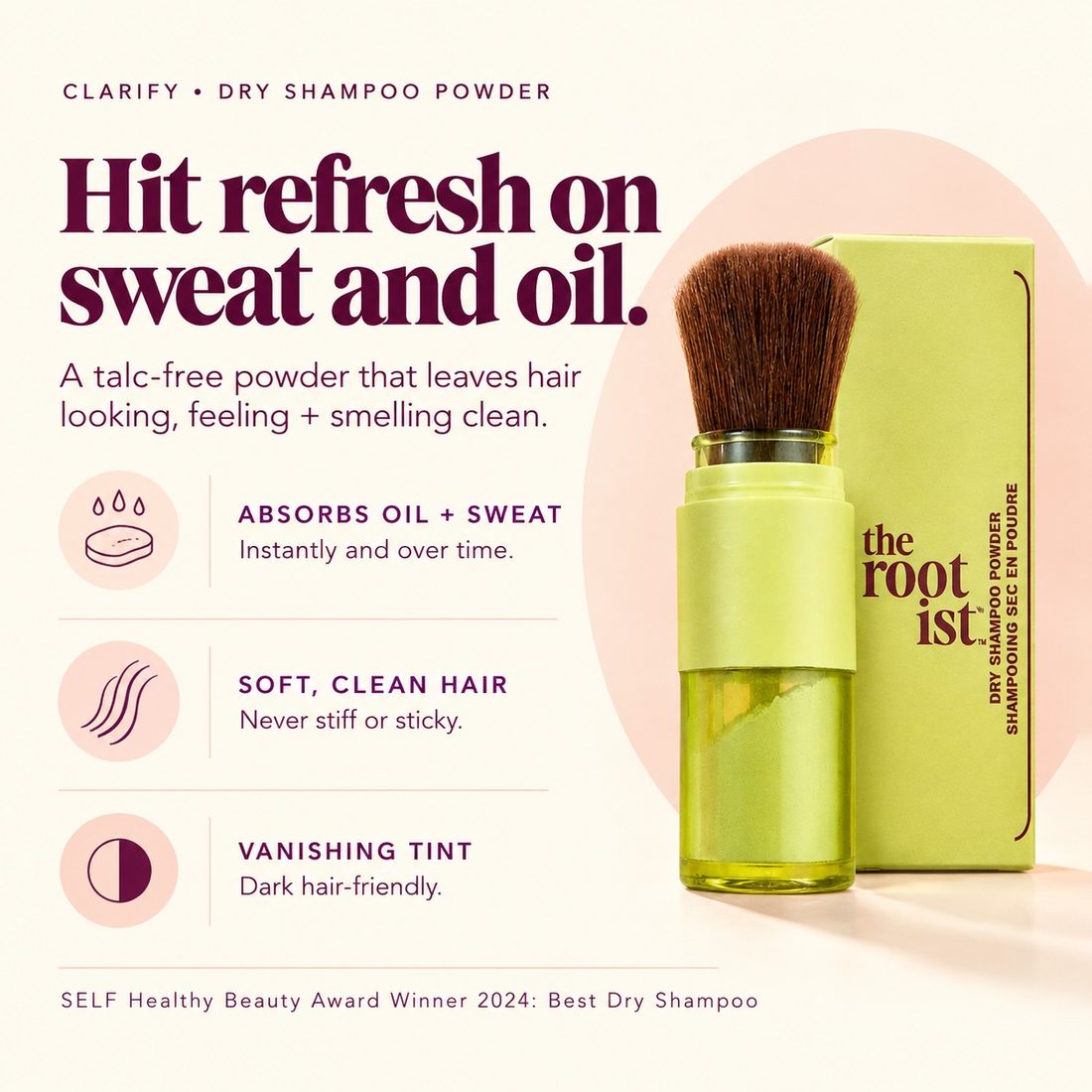 Clarify Dry Shampoo Powder: talc-free, absorbs oil and sweat instantly and over time, soft clean hair, vanishing tint for dark hair