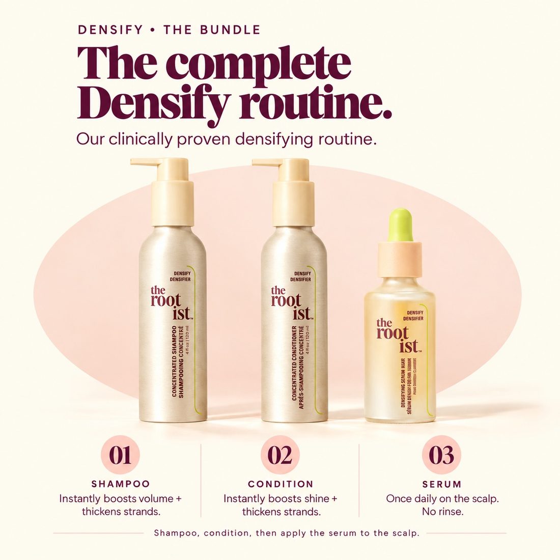 The Densify routine: shampoo, condition, then apply the serum to the scalp once daily