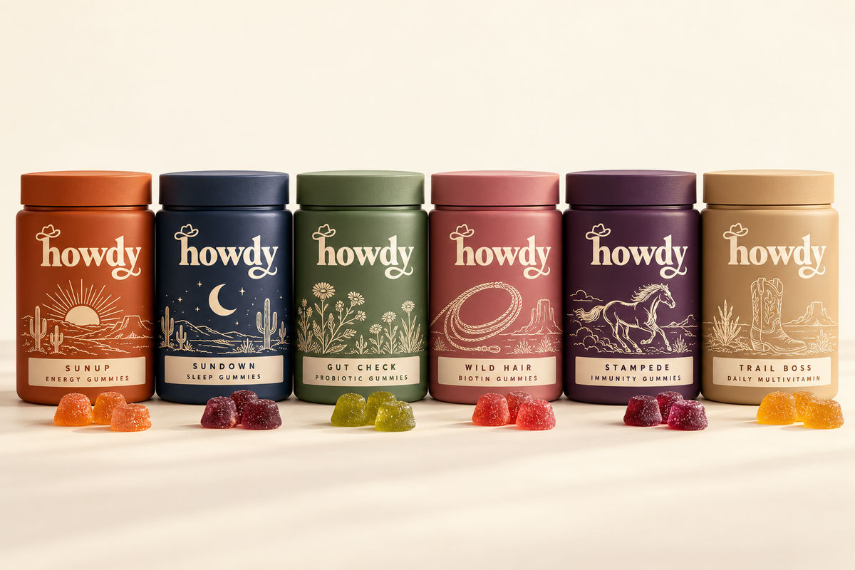 All six Howdy gummy jars lined up with gummies in front