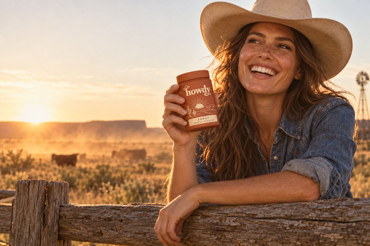 A smiling woman in a cowboy hat holding a jar of Sunup gummies at a ranch fence