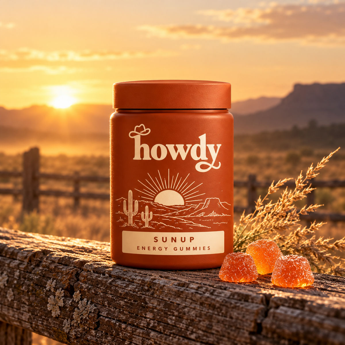 A jar of Sunup energy gummies on a fence post at sunset
