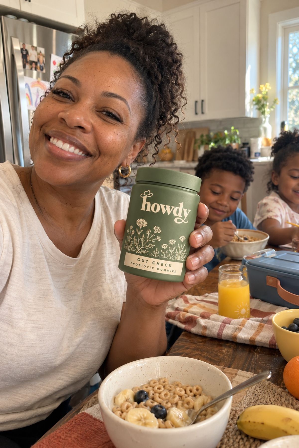 Tasha W. with a jar of Howdy Gut Check