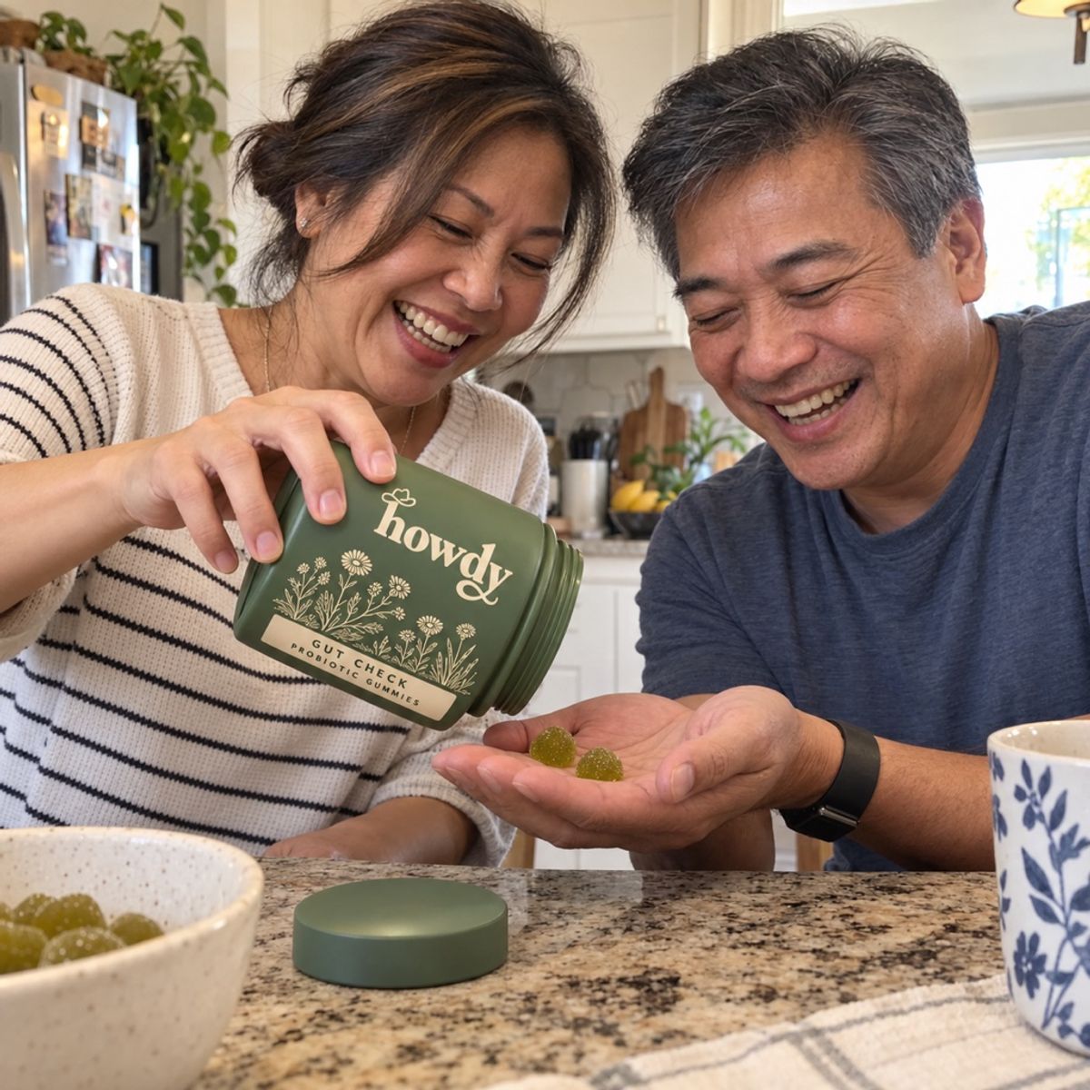 Mei & David C. with a jar of Howdy Gut Check