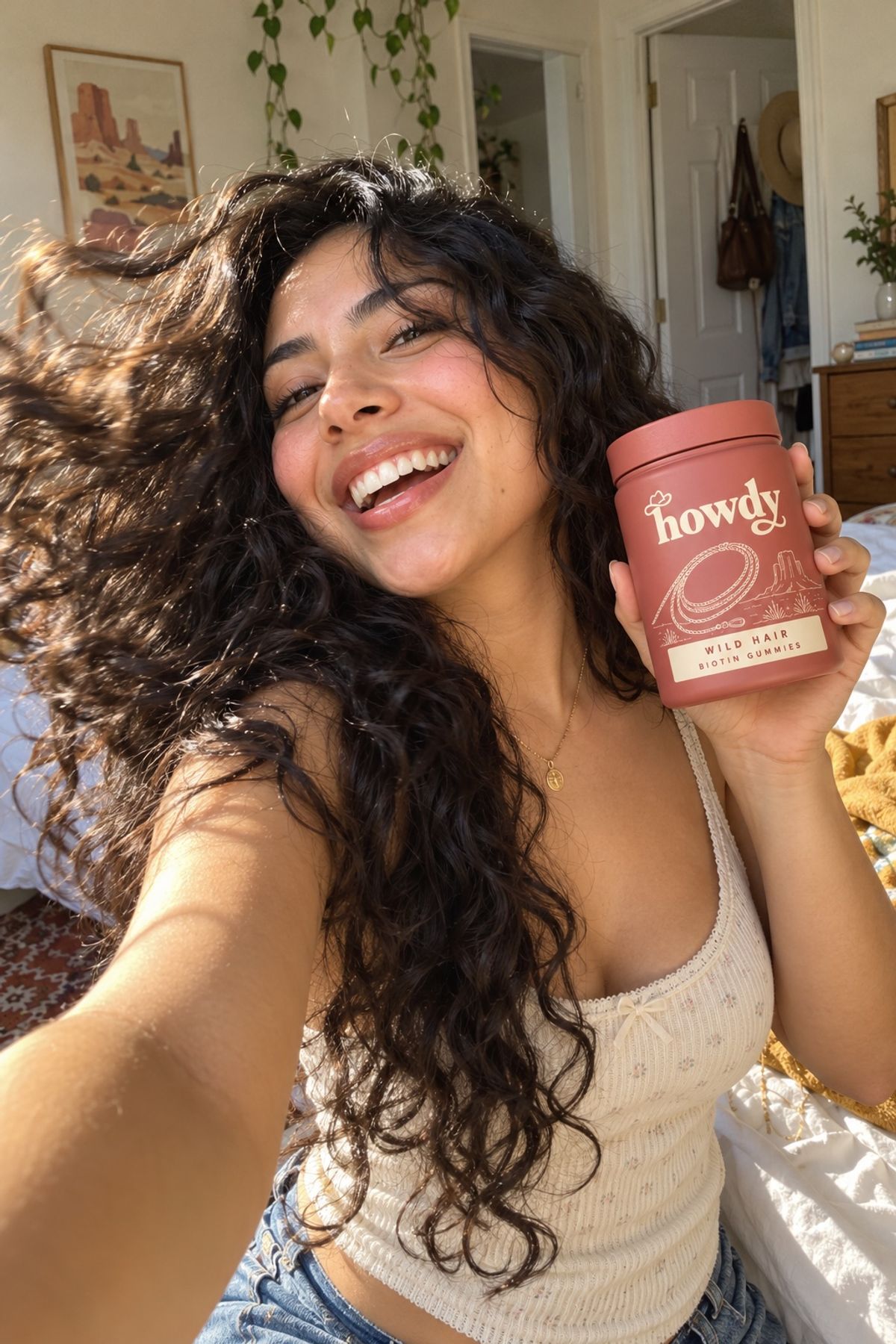 Sofia M. with a jar of Howdy Wild Hair