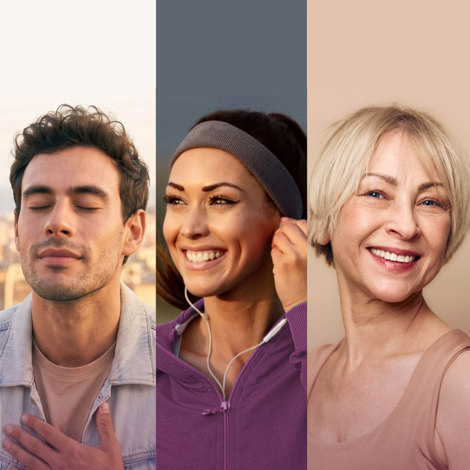 Three people smiling, each in separate vertical panels.