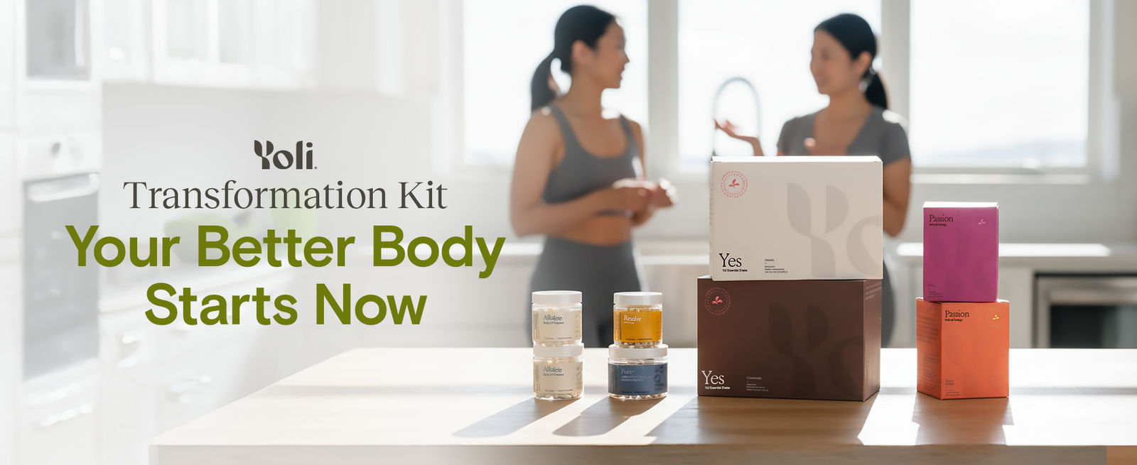 Yoli products on a counter, with people talking in the background