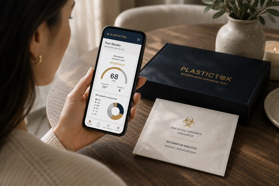 PlasticTox exposure dashboard beside a test kit