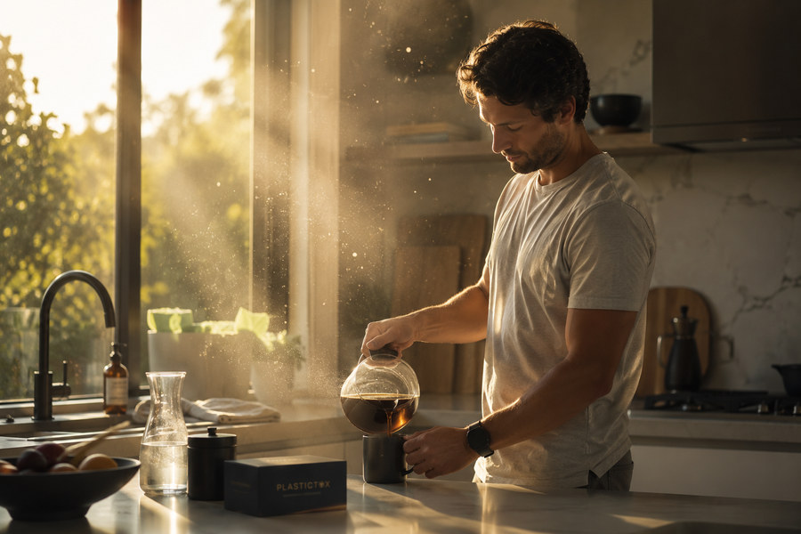 Preparing a drink in a sunlit kitchen