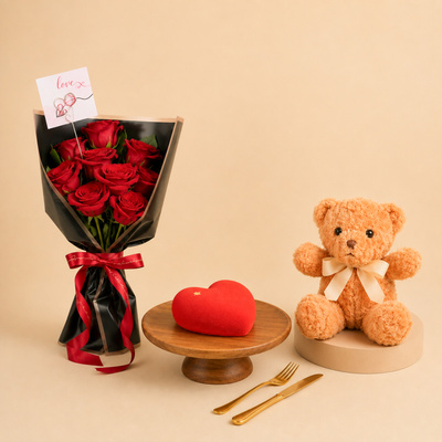 Red Rose Bouquet with Valentine Cake n Teddy