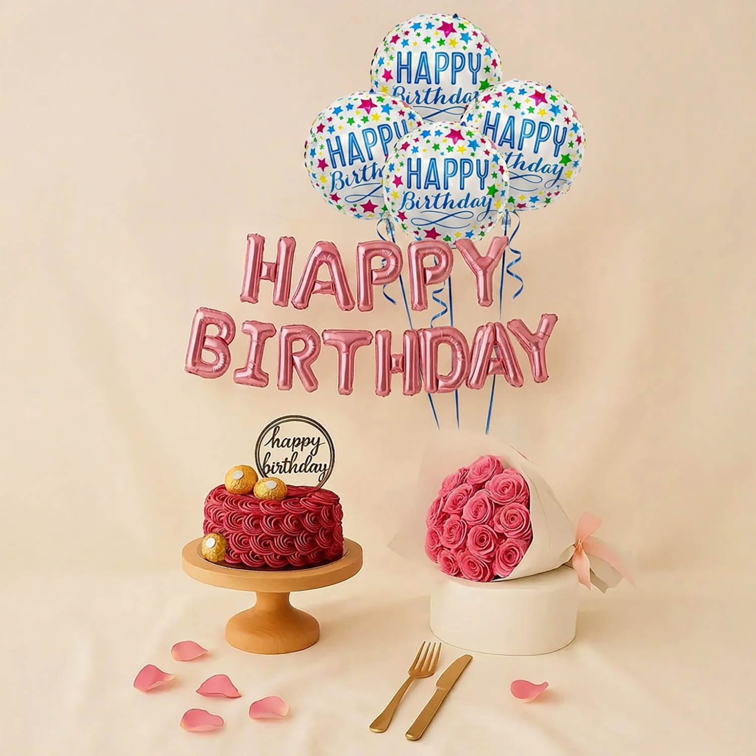 Birthday Party Set Flowers n Cake - Round Balloons