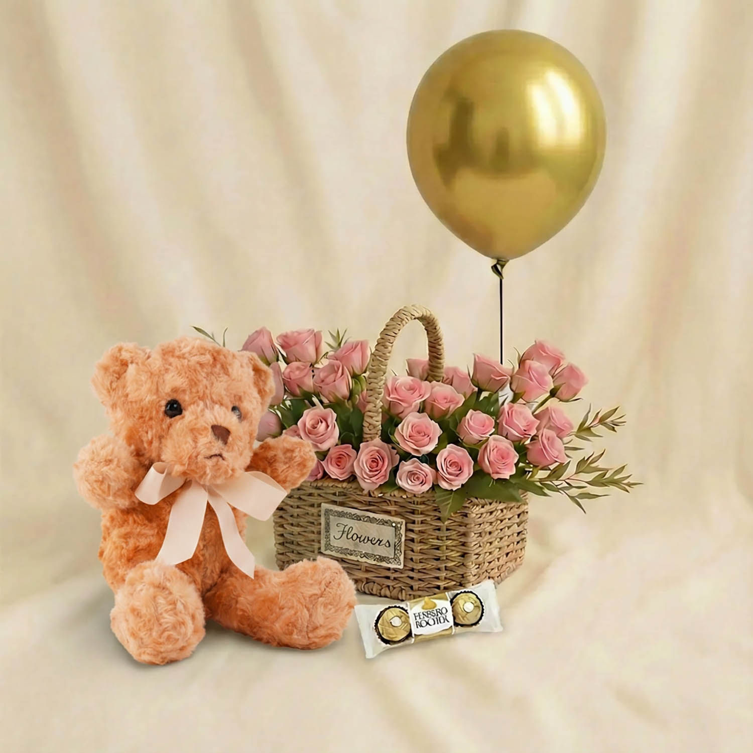 Delicate Spray Rose Basket - With Teddy n Balloon