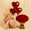 Deep Devotion Red Flower Bouquet - With Teddy n Balloons