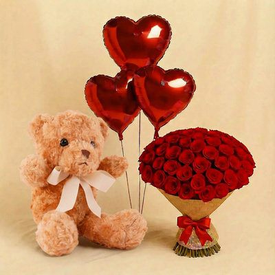 Deep Devotion Red Flower Bouquet - With Teddy n Balloons