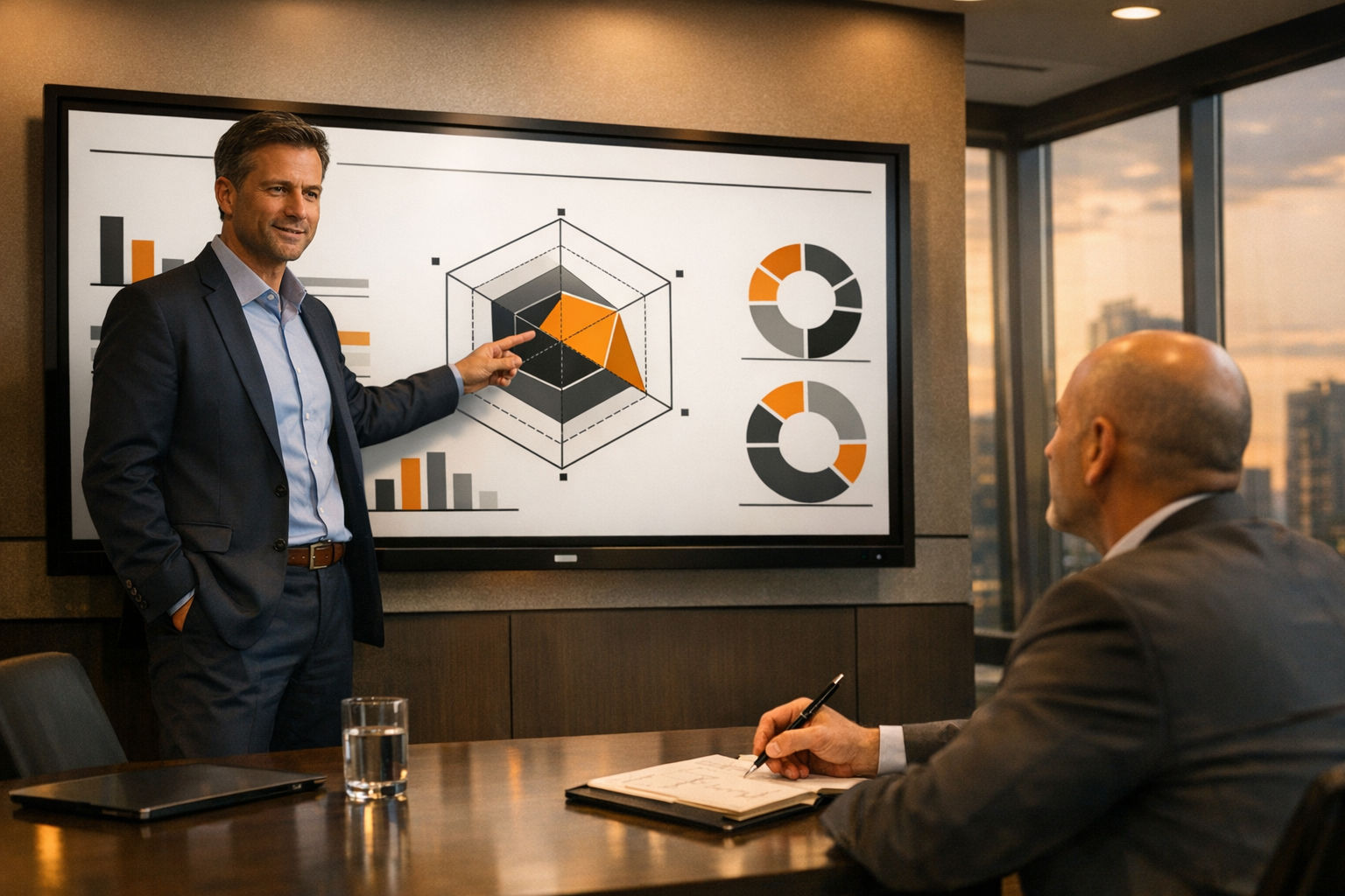 AI consultant presenting a readiness assessment framework to a business executive in a modern conference room