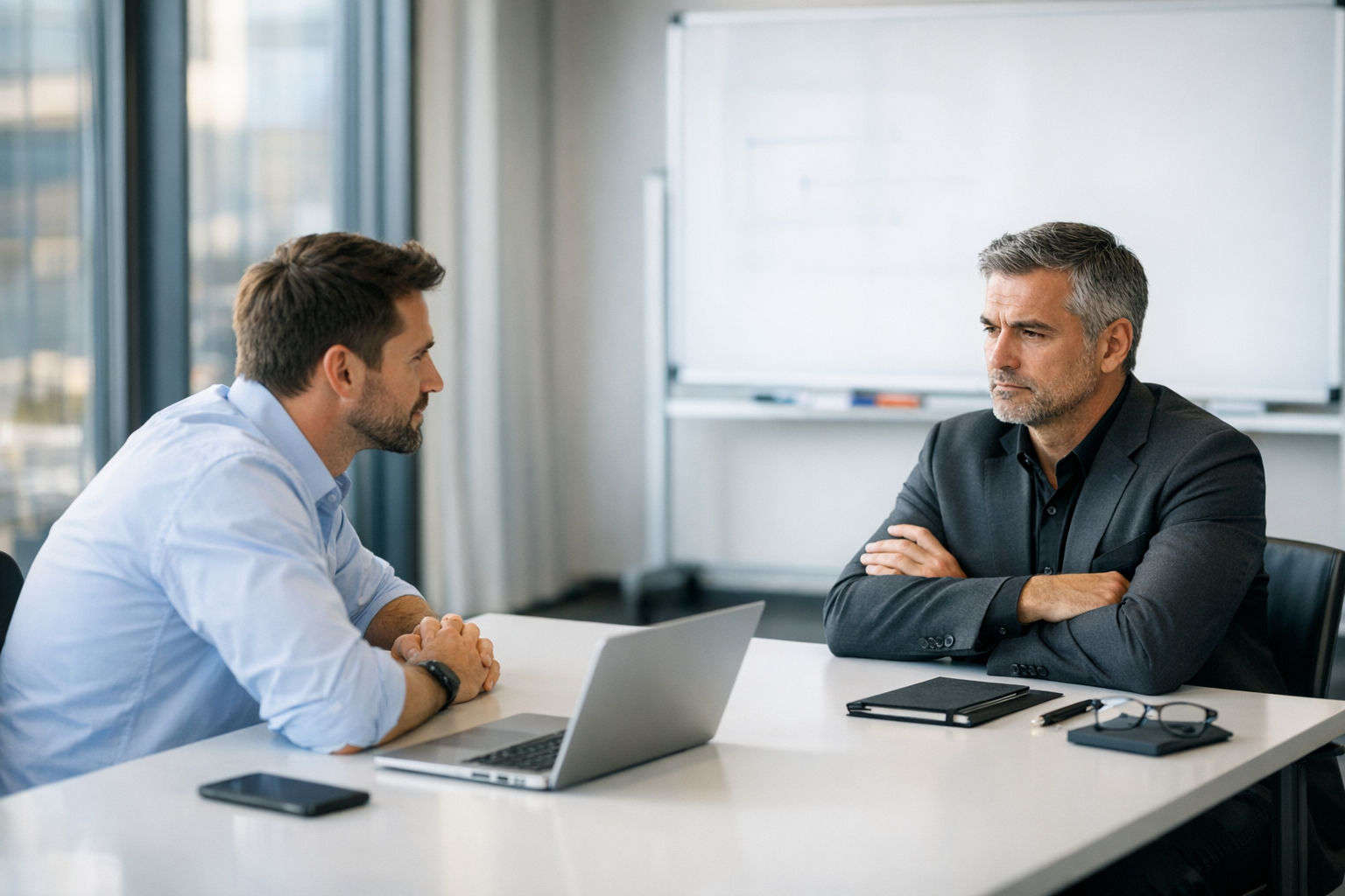 AI consultant having a focused conversation with a sceptical business client across a conference table