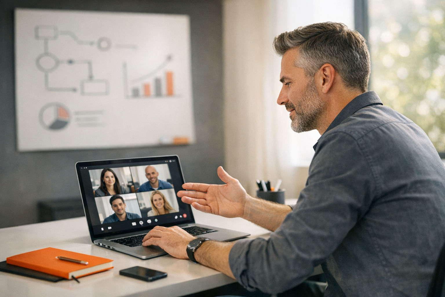 AI consultant conducting a focused discovery call on a laptop in a modern office