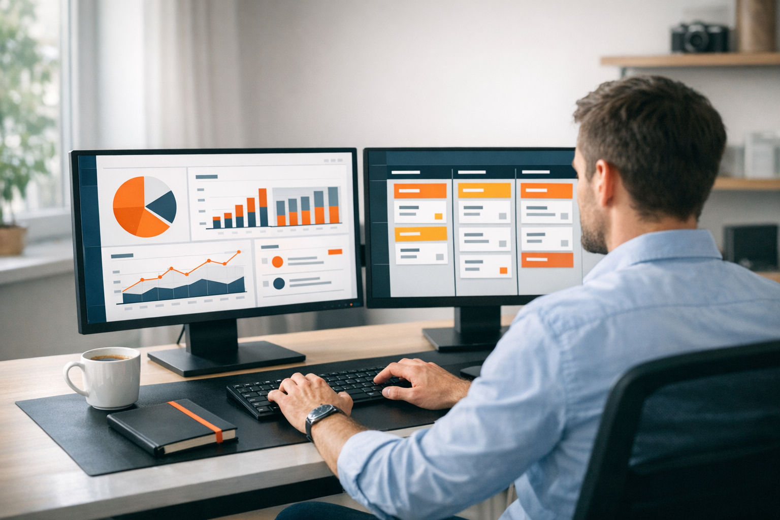 AI consultant working at a clean modern desk with dual monitors, one showing a client project and the other showing a CRM pipeline view, warm ambient lighting