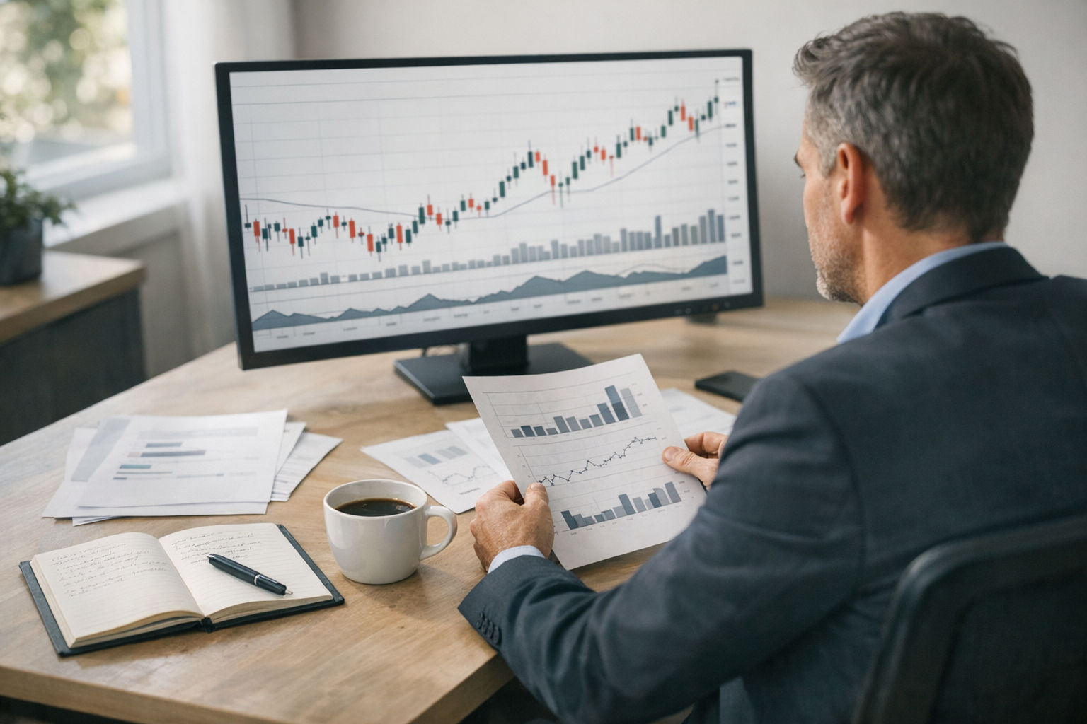 AI consultant reviewing pricing strategy on a laptop with financial charts visible on screen