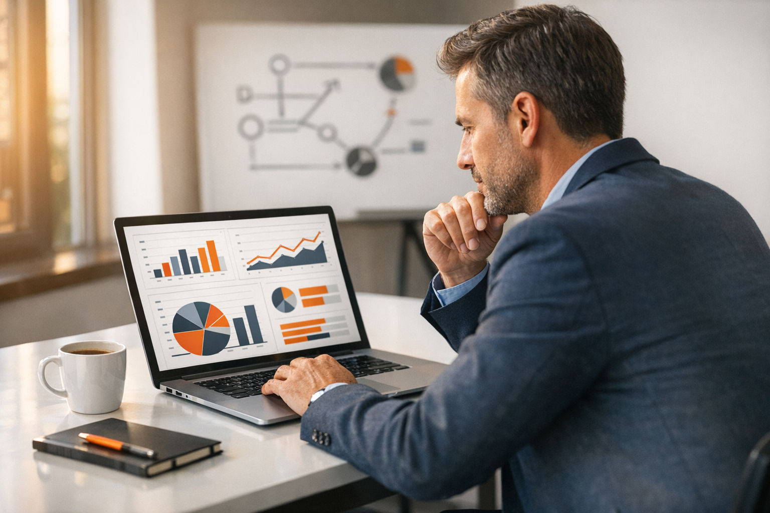 AI consultant reviewing assessment data on laptop in modern office setting