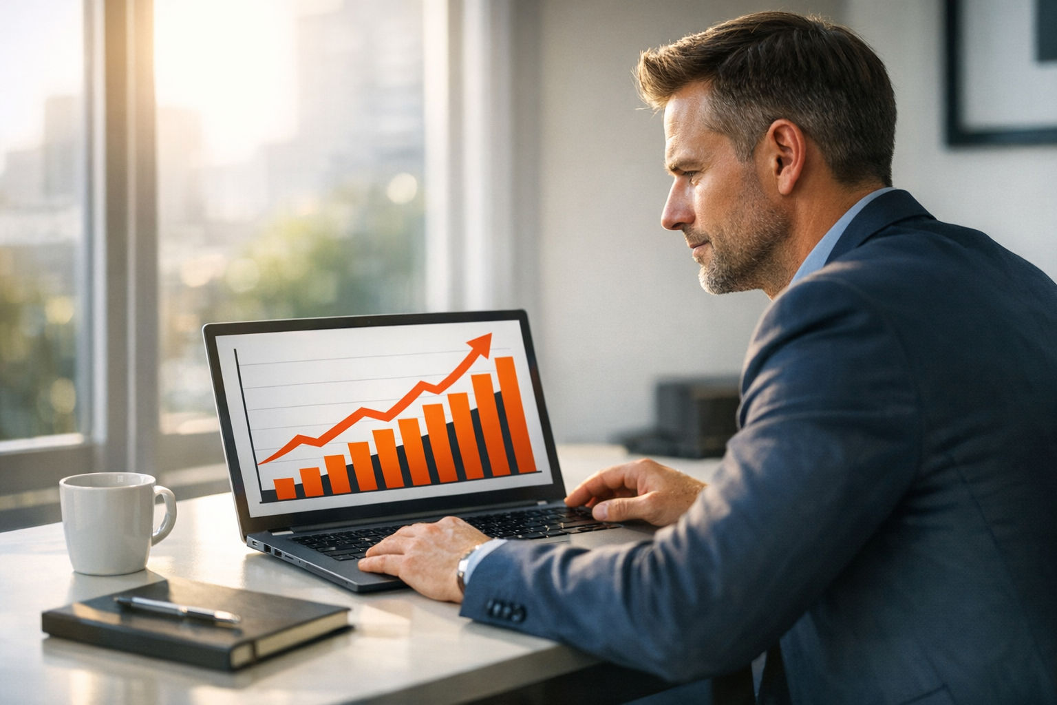 AI consultant working at a modern desk reviewing pricing proposals on a laptop with charts showing upward revenue trends