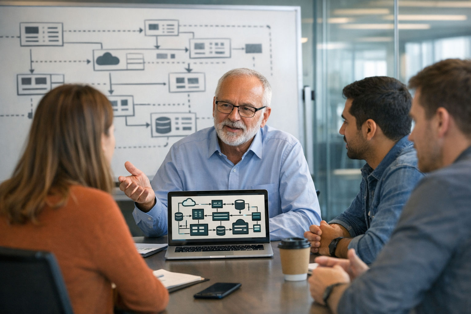 Technology consultant working embedded with a startup team in a modern collaborative workspace