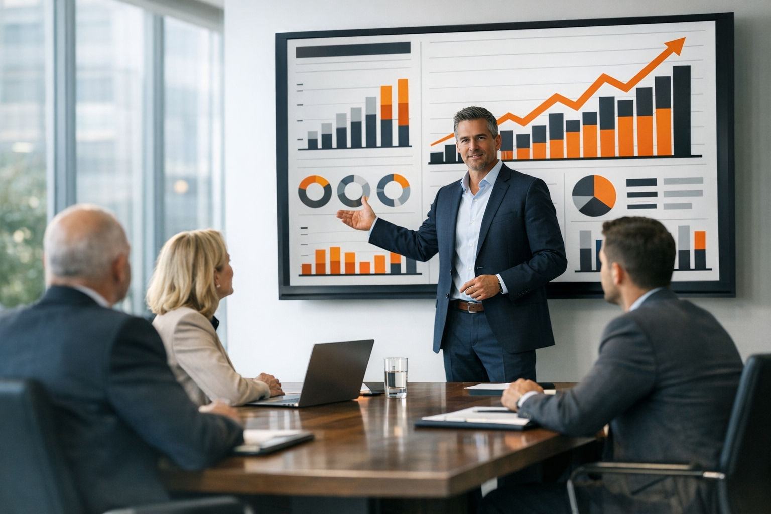 AI consultant presenting business strategy to executives in a modern boardroom