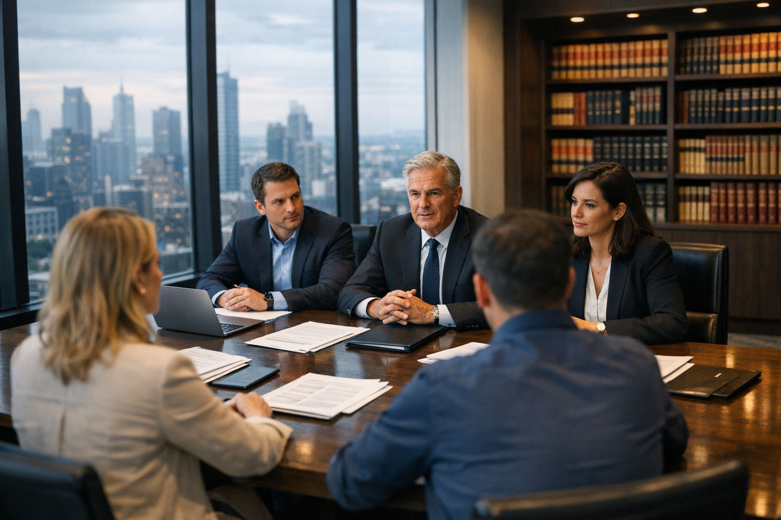 AI consultant meeting with lawyers in a modern law firm conference room, discussing compliance documents