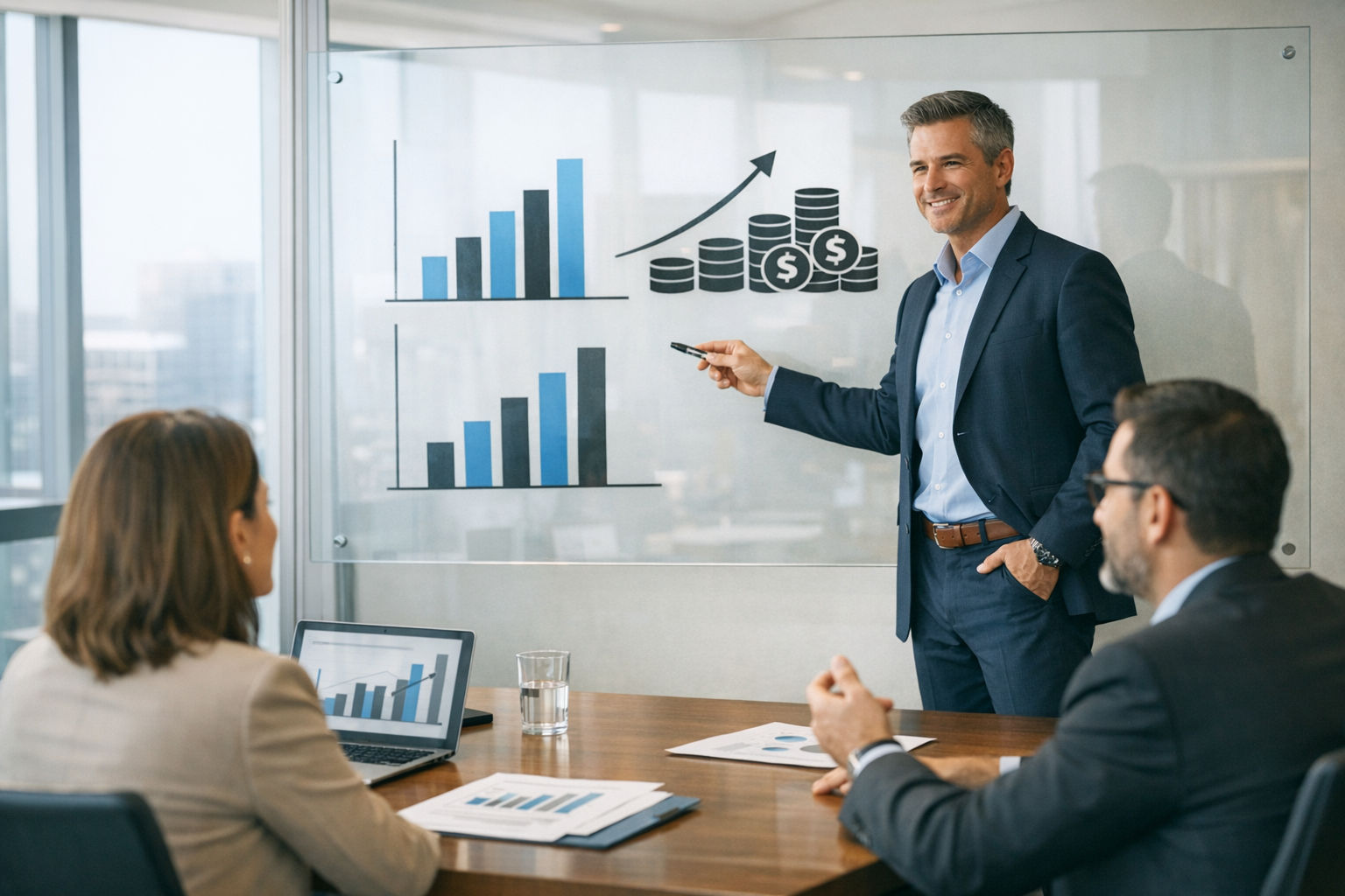 AI consultant presenting financial data and ROI projections to accounting firm partners in a modern conference room