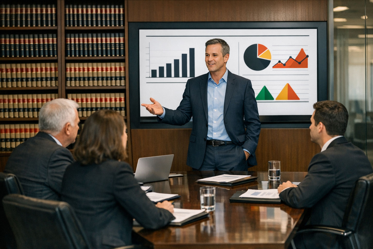 AI consultant presenting a readiness assessment report to law firm partners in a modern conference room