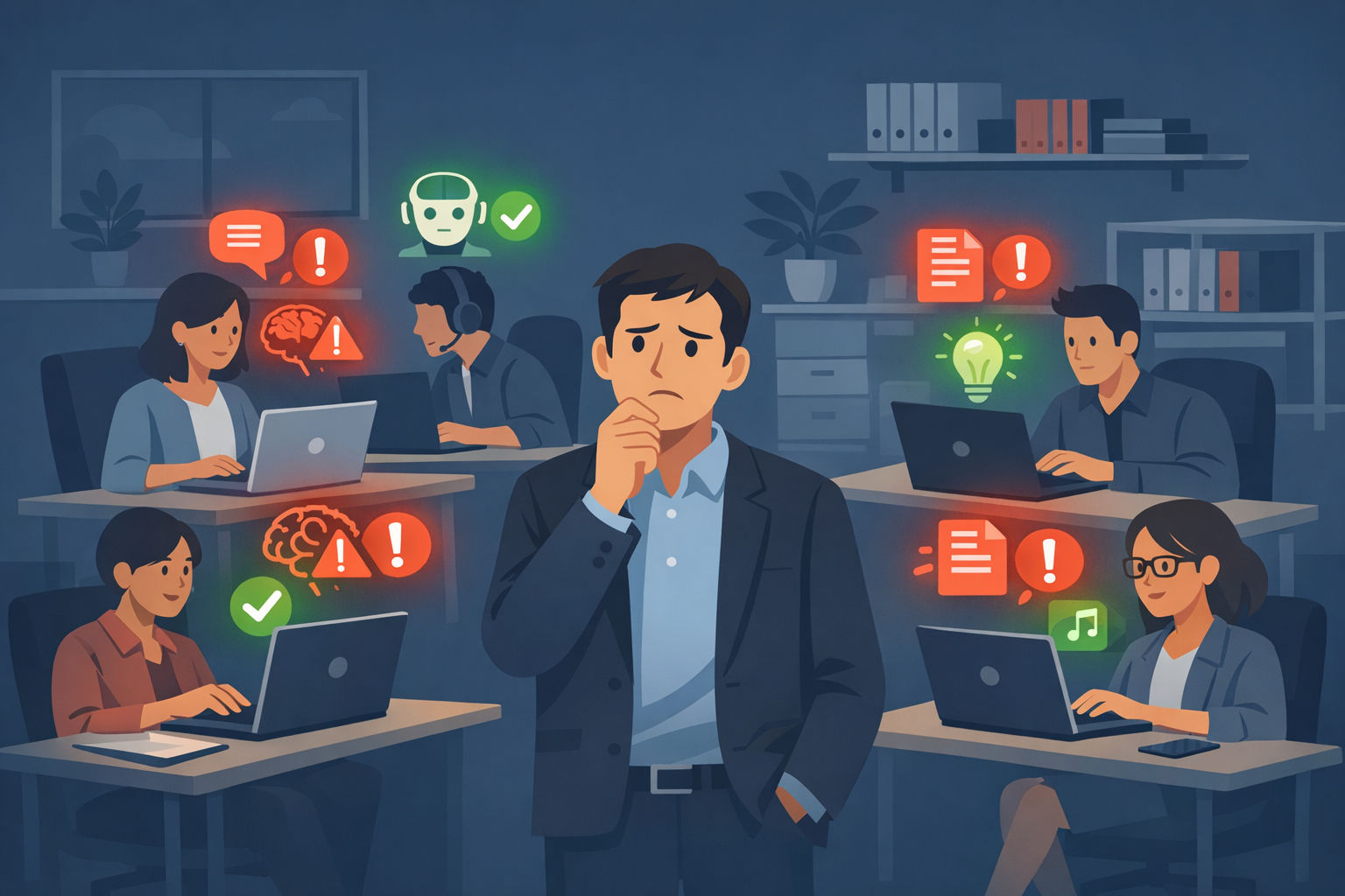 Illustration showing shadow AI in a small business environment with employees using various unauthorized AI tools at their desks alongside approved tools