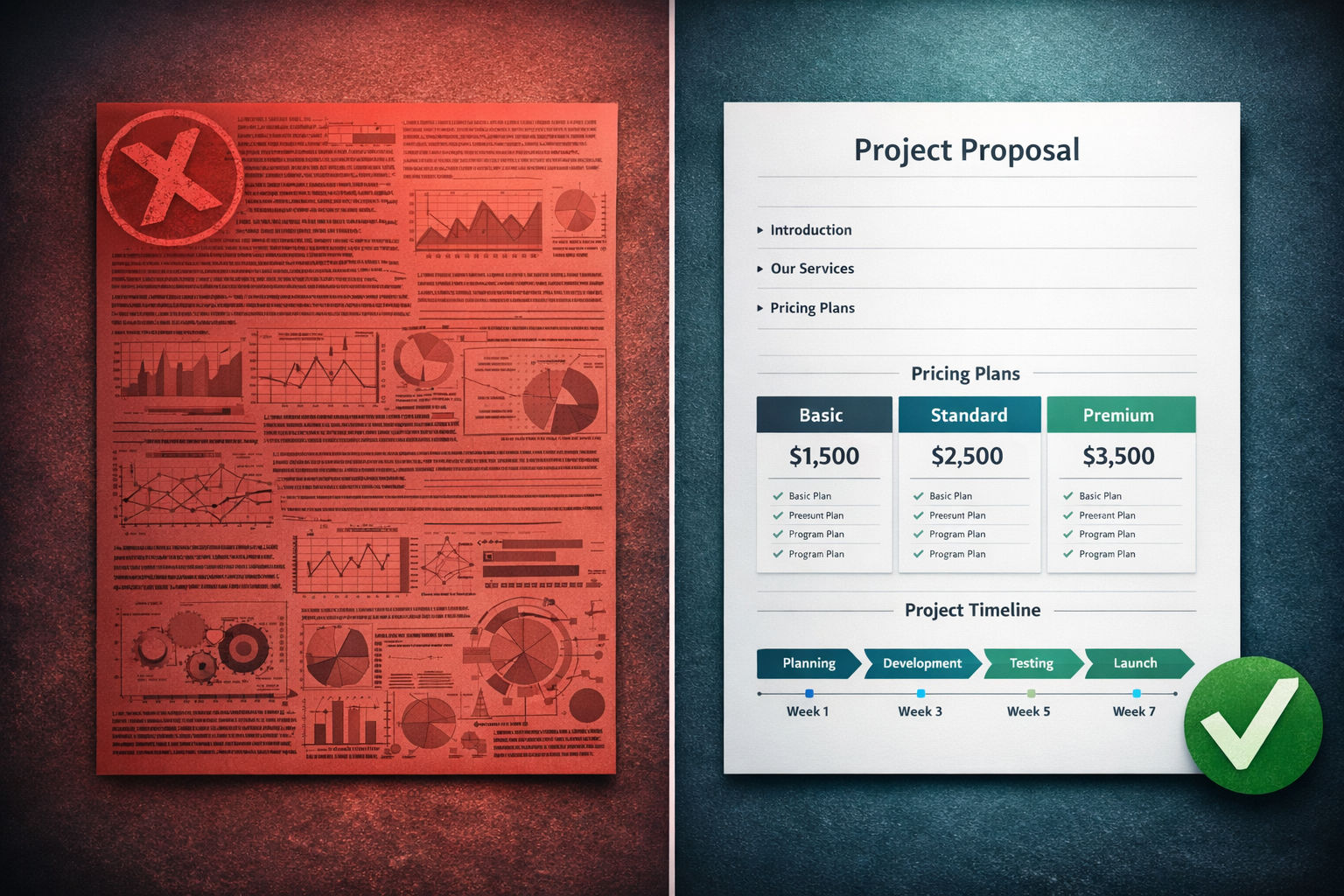 Side-by-side comparison of a losing AI consulting proposal versus a winning one, showing the difference between a cluttered, text-heavy document and a clean, structured proposal with clear pricing tiers