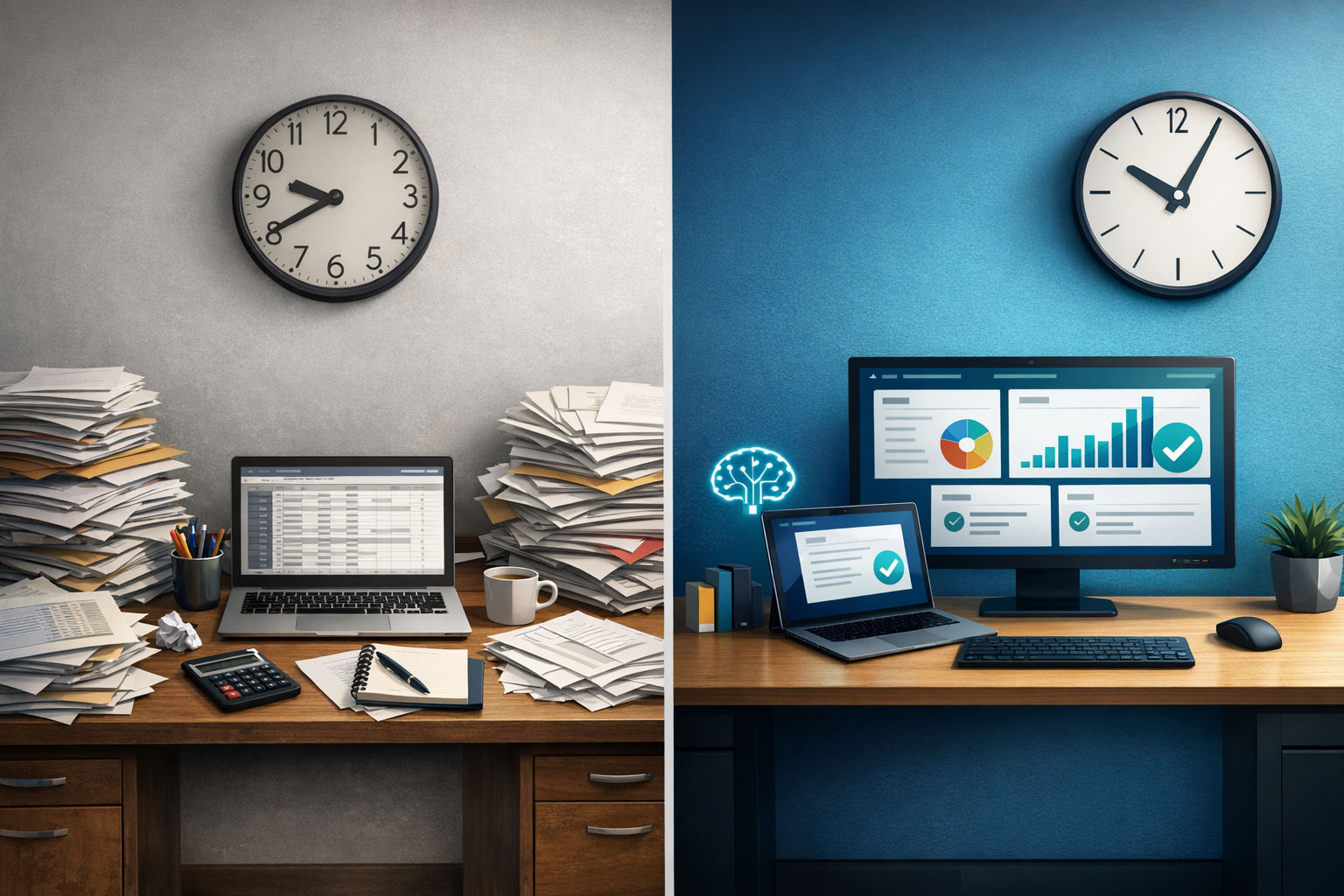 Side-by-side comparison of traditional consulting workflow with manual processes versus modern AI-augmented consulting workflow with automated deliverables