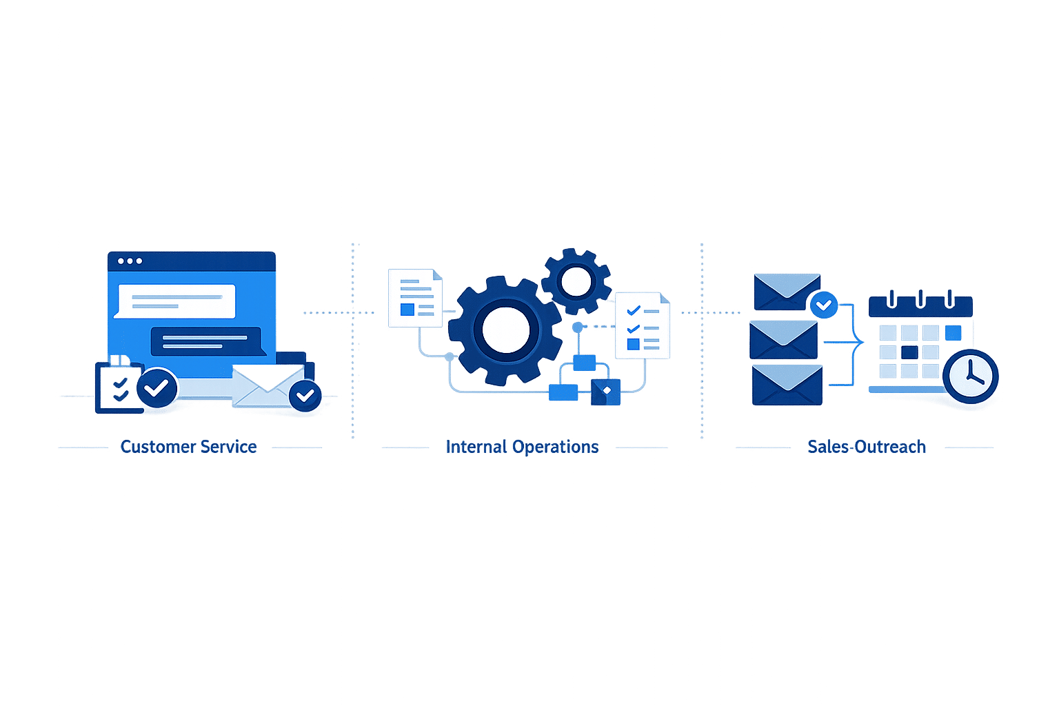 Three agentic AI use cases for SMB clients: customer service agents, internal operations agents, and sales outreach agents, shown as distinct workflow categories